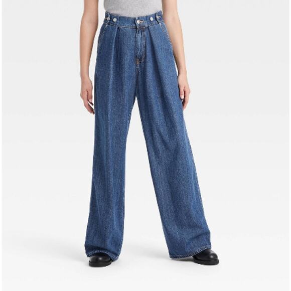 NWT-Women's High-Rise Two Way Denim Trousers - Universal Thread™ Dark Wash 12 - Picture 1 of 4